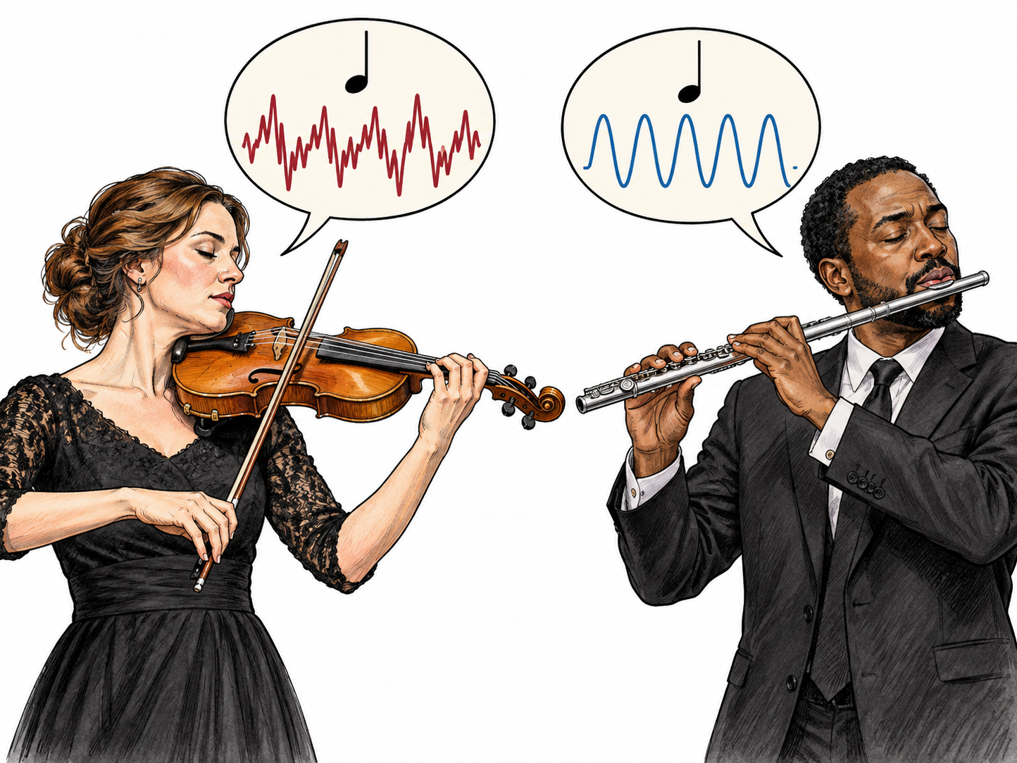 A violinist and flutist play the same single musical note shown by matching short note symbols, with visibly different waveform insets for sound quality.