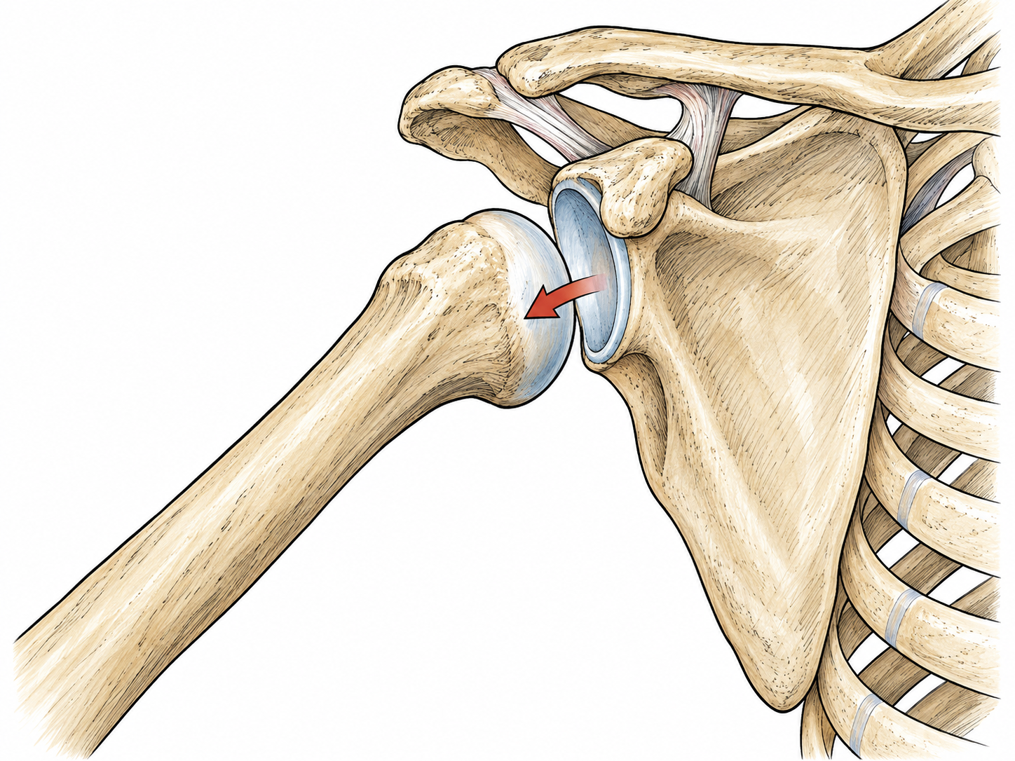 A clean anatomical shoulder cutaway uses the approved reference geometry to show the humeral head moving out of the glenoid socket with one small displacement arrow; educational, no skin injury or reduction instructions.