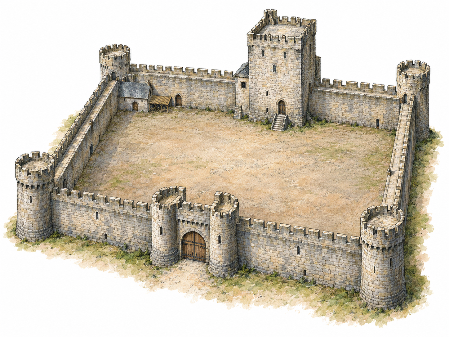 An elevated three-quarter view into a medieval stone castle, with a broad open courtyard clearly enclosed by continuous curtain walls.
