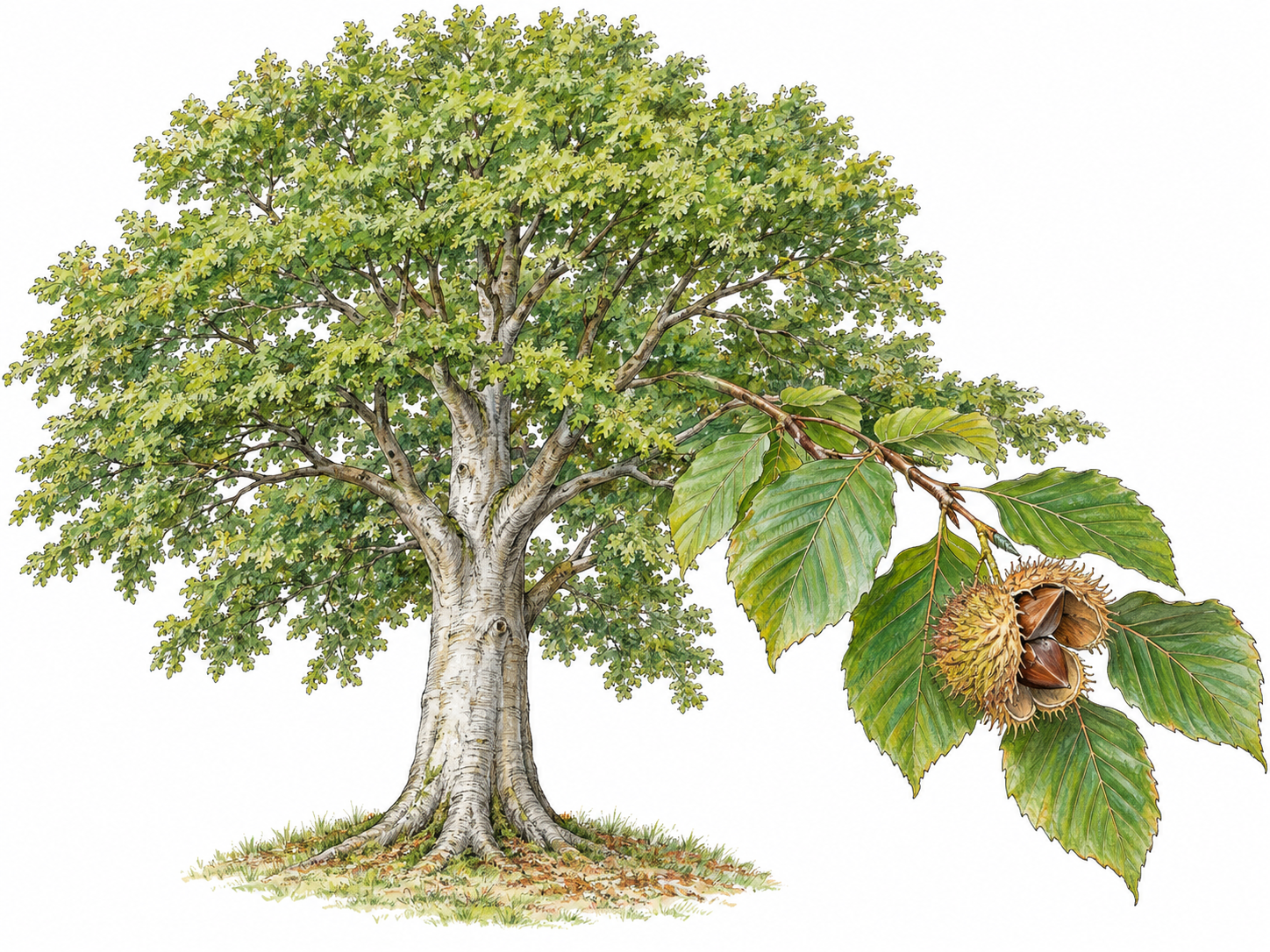 A beech tree with a clearly visible smooth gray trunk, leafy branches, and a low foreground twig bearing small nuts in an open prickly husk.