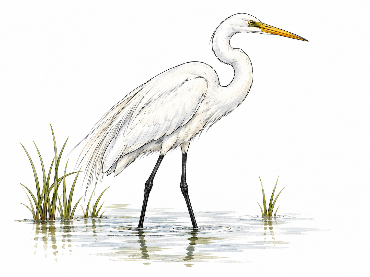 A great egret with entirely white plumage stands on long black legs in shallow water, long yellow spear-like bill and graceful S-curved neck.