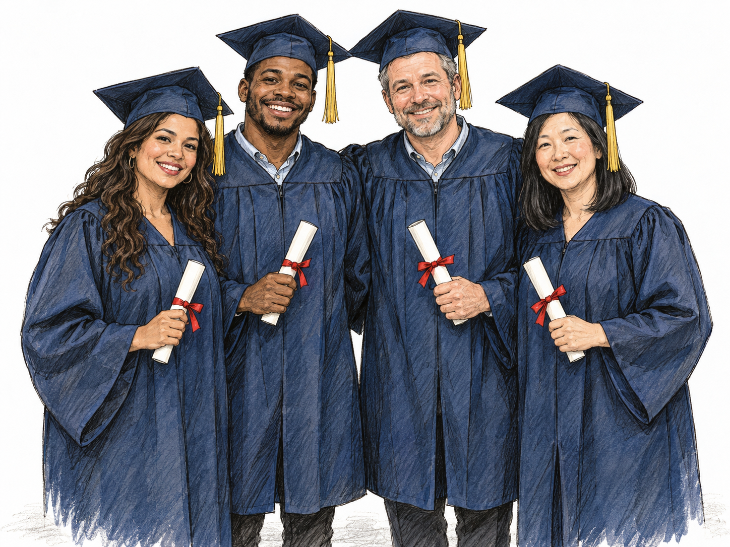 Four graduates stand together in matching academic gowns and mortarboards, each holding a rolled diploma: a visibly unified group sharing the experience of graduation.