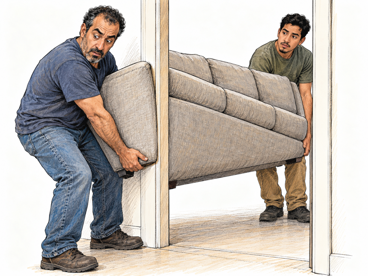 Two movers encounter a snag: the sofa they are carrying has become wedged diagonally in a doorway, stopping their progress.