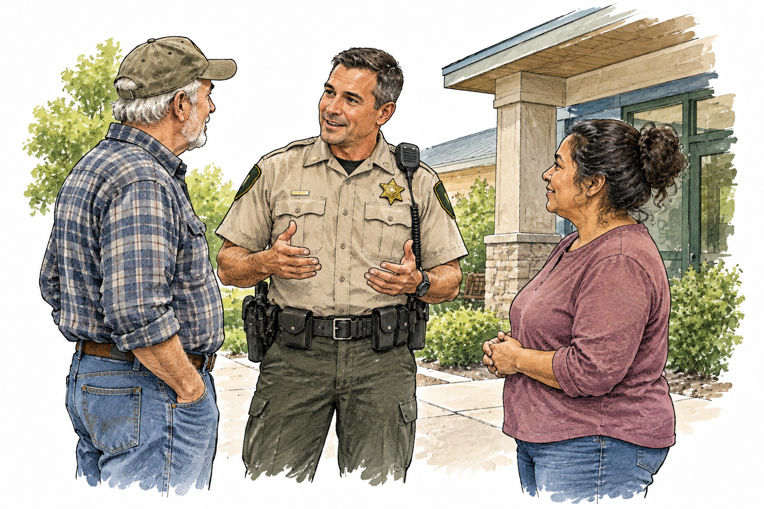A county sheriff in ordinary modern uniform wearing a small star badge, speaking helpfully with two local residents outside a modest county office; no weapons emphasis, no writing or signage.
