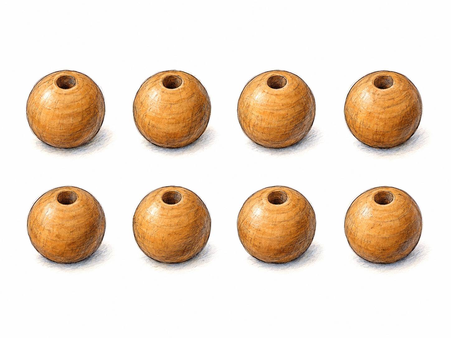 Eight identical wooden counting beads arranged in two clear rows of four, making the exact quantity easy to count at card size.