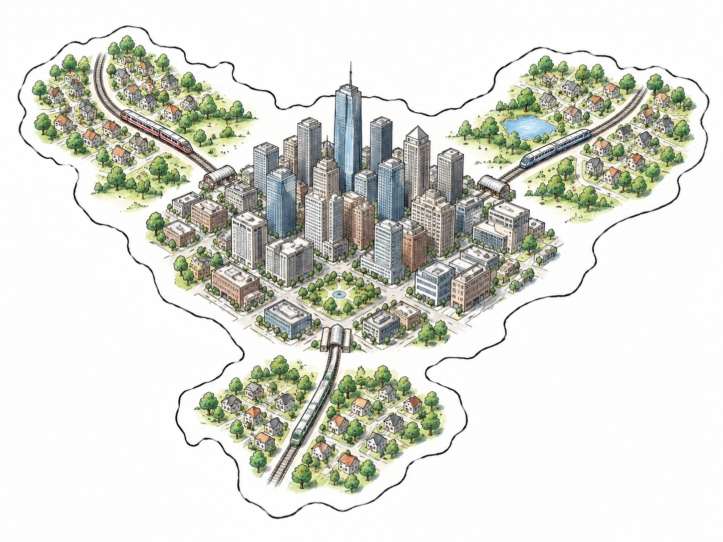 Compact isometric large-city downtown cluster surrounded by small suburban houses linked by three commuter rail lines, one outlined boundary encloses entire core+surroundings, urban area relationship clear.