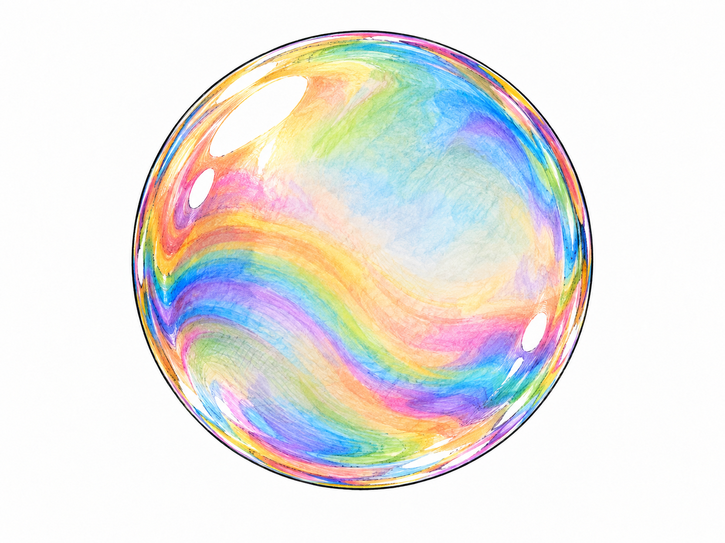 Close-up soap bubble shows shifting rainbow hues across curved surface with highlights, crisp pen rim, no lettering.