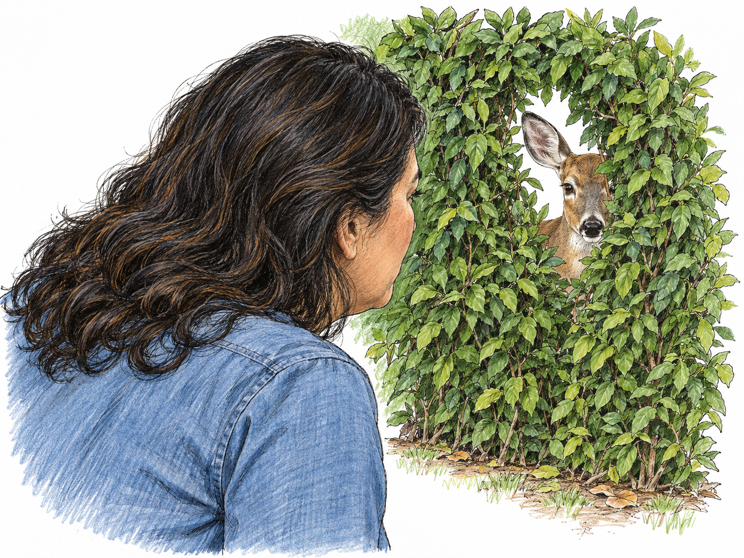A woman catches a partial view of a deer through a narrow opening in a leafy hedge; only its head and a small part of its shoulder are visible.