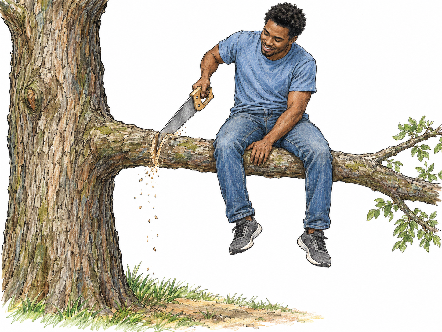 A foolish man saws through the very branch supporting him, cutting between his seat and the tree trunk.