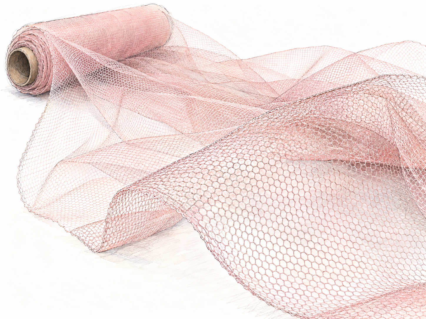 A loose length of pale blush tulle spilling from a small fabric roll into airy, translucent folds, with a foreground edge close enough to show its fine, regular open mesh.