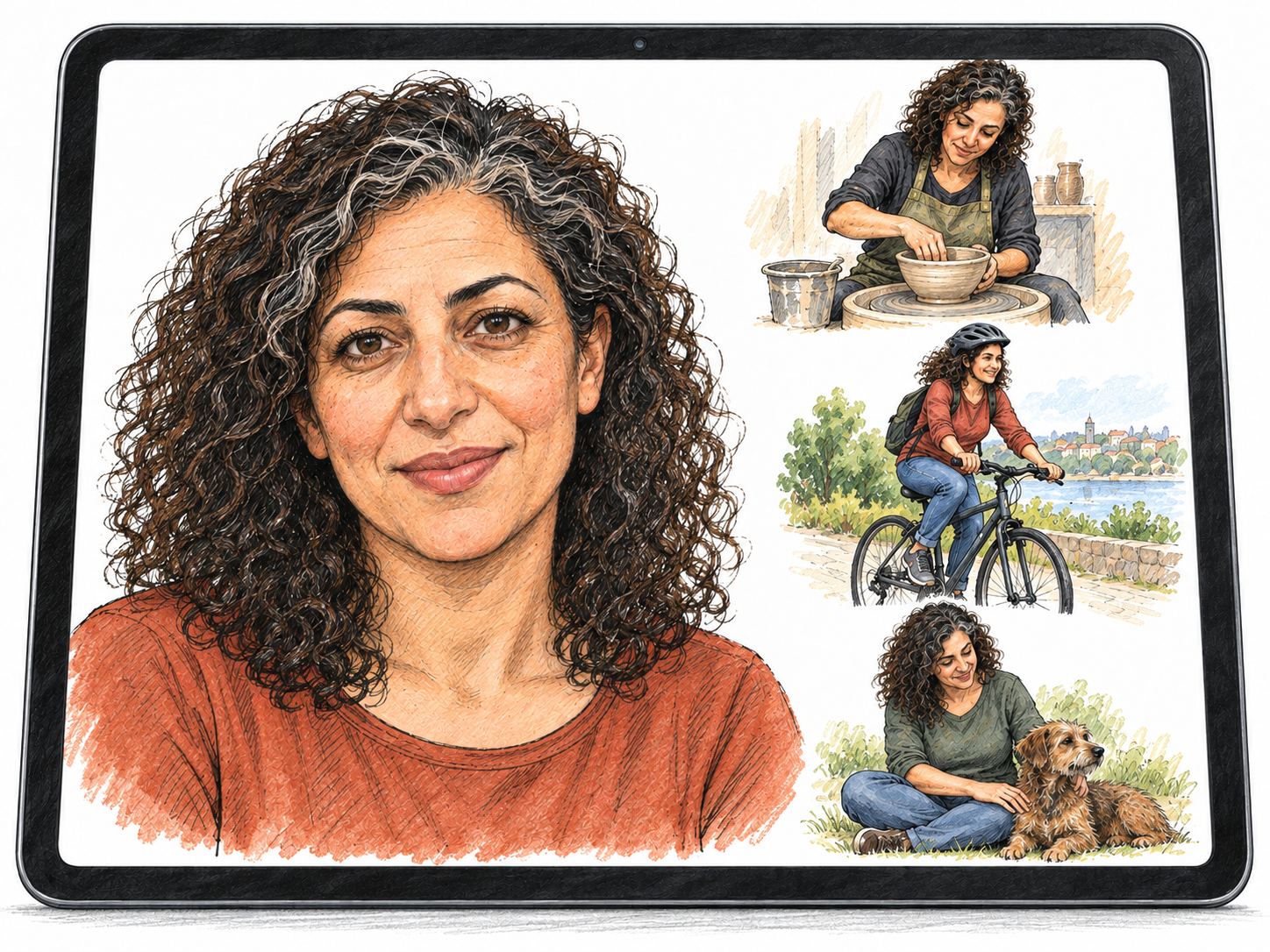 A compact pictorial profile on a tablet: one woman's portrait accompanied by three small, concrete glimpses of her work, leisure activity, and pet.