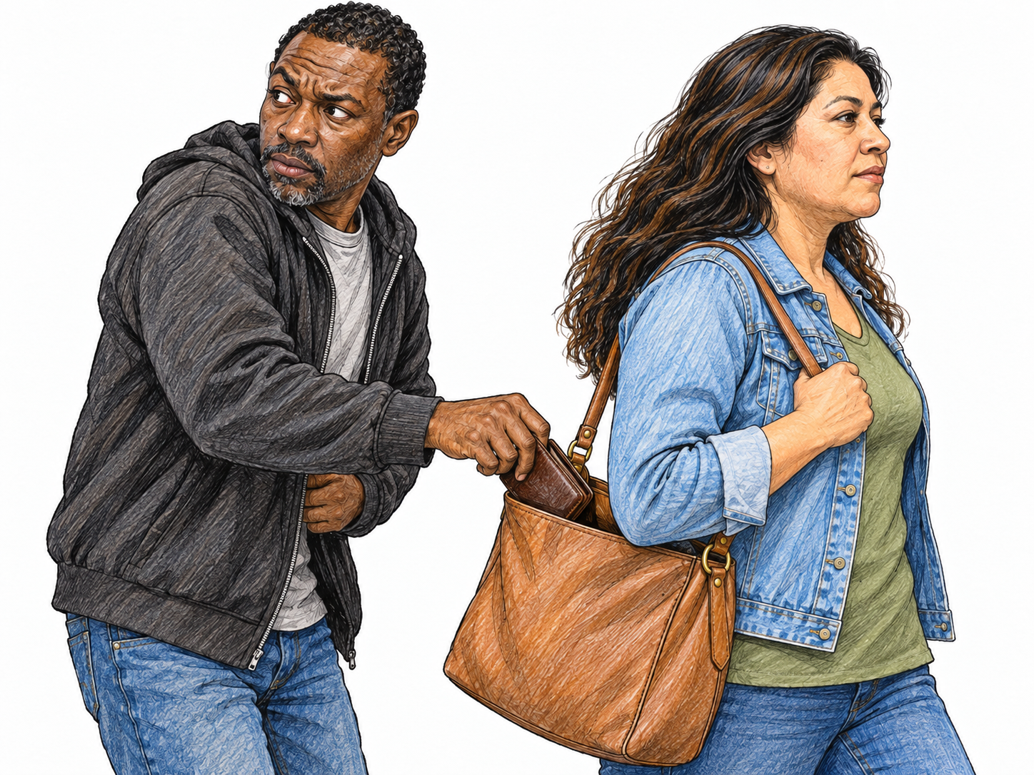 A pickpocket secretly removes a wallet from an unsuspecting woman's shoulder bag, depicting a concrete act of moral wrongdoing.