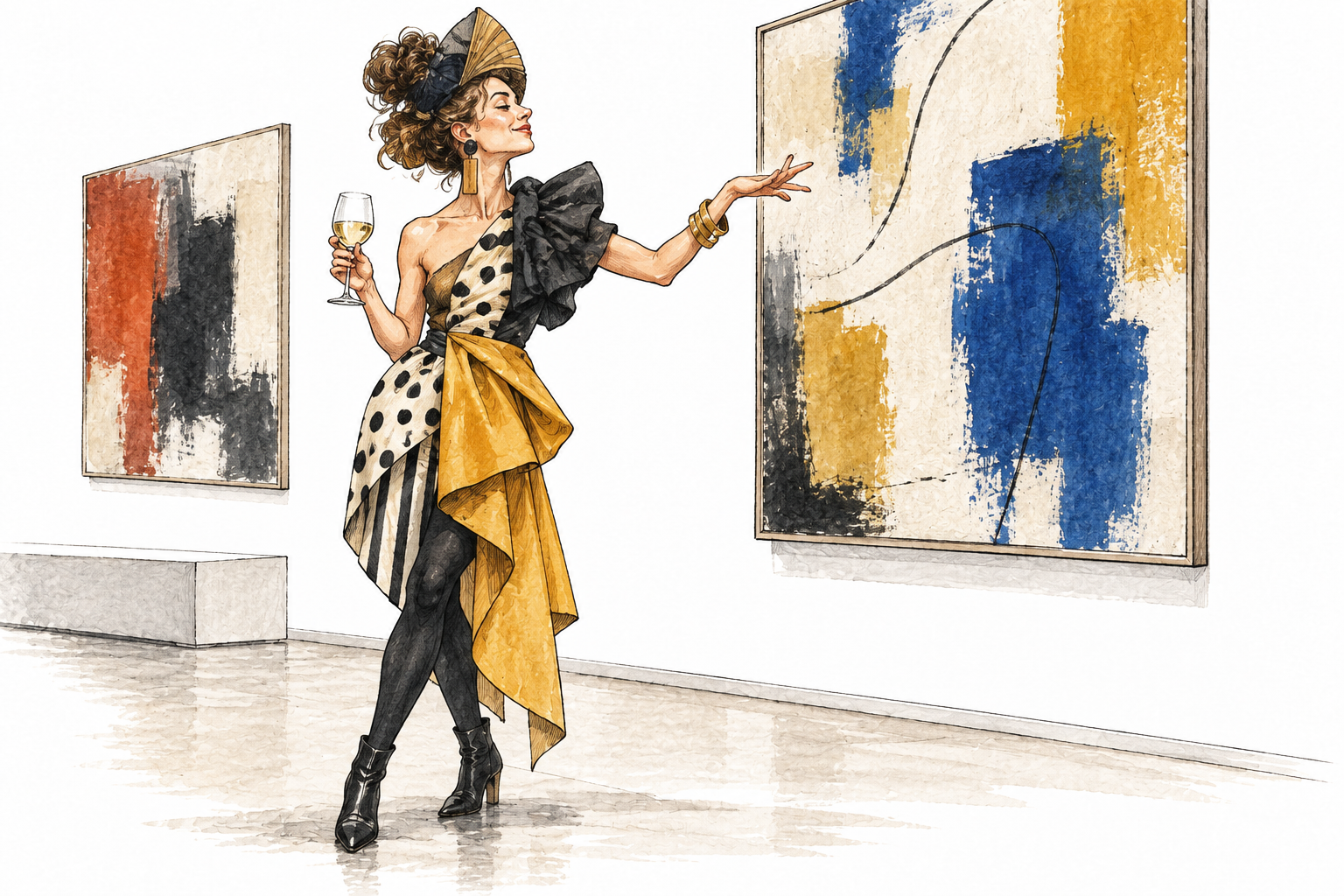 A self-consciously fashionable gallerygoer in an extravagant asymmetrical outfit poses theatrically beside abstract canvases, showily art-oriented demeanor, no text.
