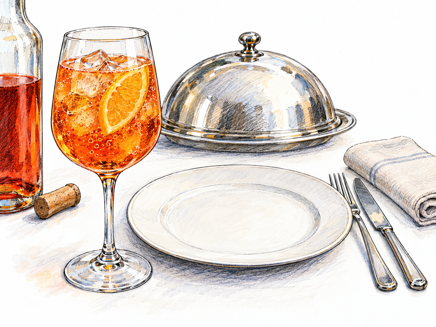A small aperitif served at a dinner place setting before the food: an orange spritz beside an untouched, empty dinner plate, with the meal still under a covered serving dish.