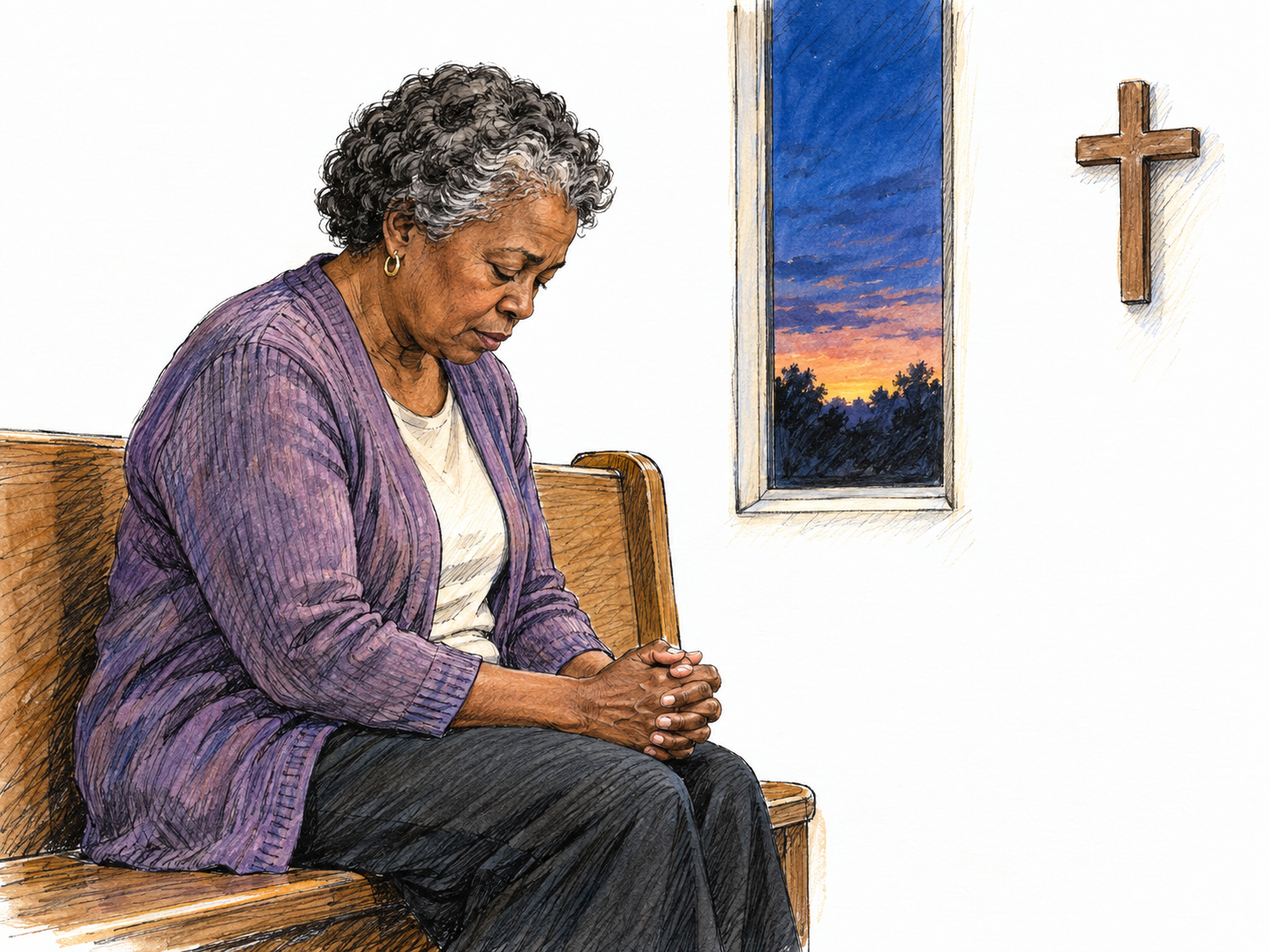 An older woman quietly prays in a simple chapel at evening, with clasped hands and bowed head beside a narrow window showing the last warm light beneath a darkening blue sky.