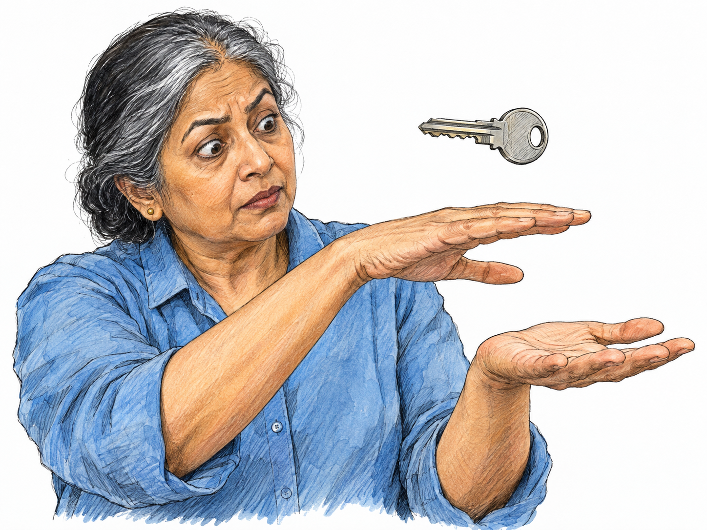 An older woman examines a house key hovering unsupported above her open palm, her other hand passing beneath it as she tries to understand the inexplicable sight.