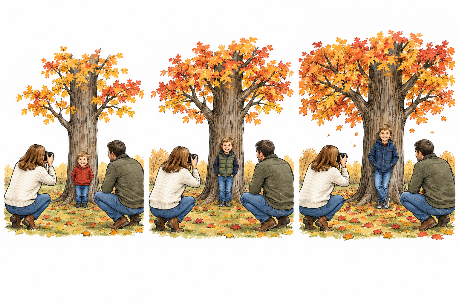 A family photographs a child beside the same growing tree in three successive autumns, annual recurring event shown in three small panels, no dates or writing.