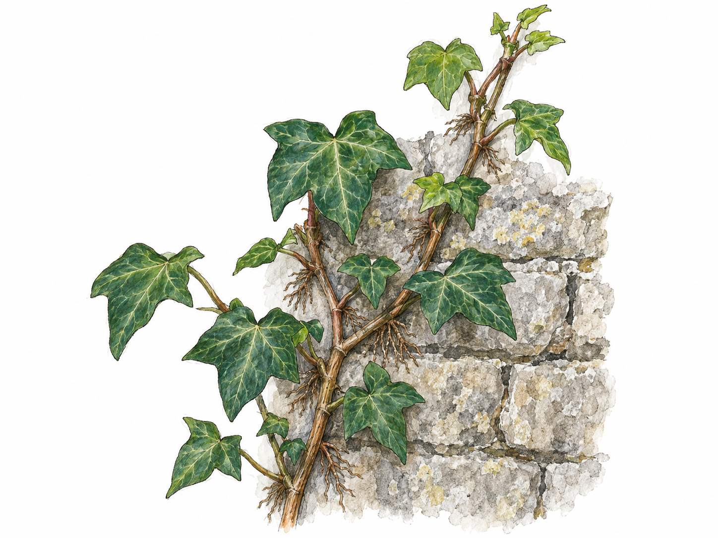 A close view of evergreen ivy climbing a small section of weathered stone wall, with recognizable lobed leaves and exposed stems visibly gripping the masonry with short aerial rootlets.