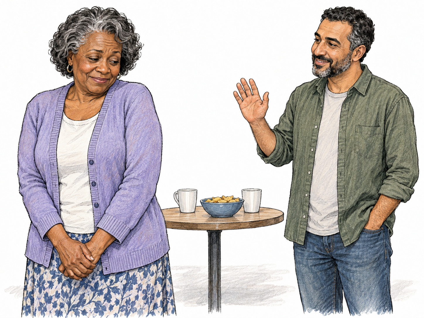 At a casual social gathering, an older woman responds to a friendly greeting with lowered eyes, raised shoulders, tightly clasped hands and a small hesitant smile.