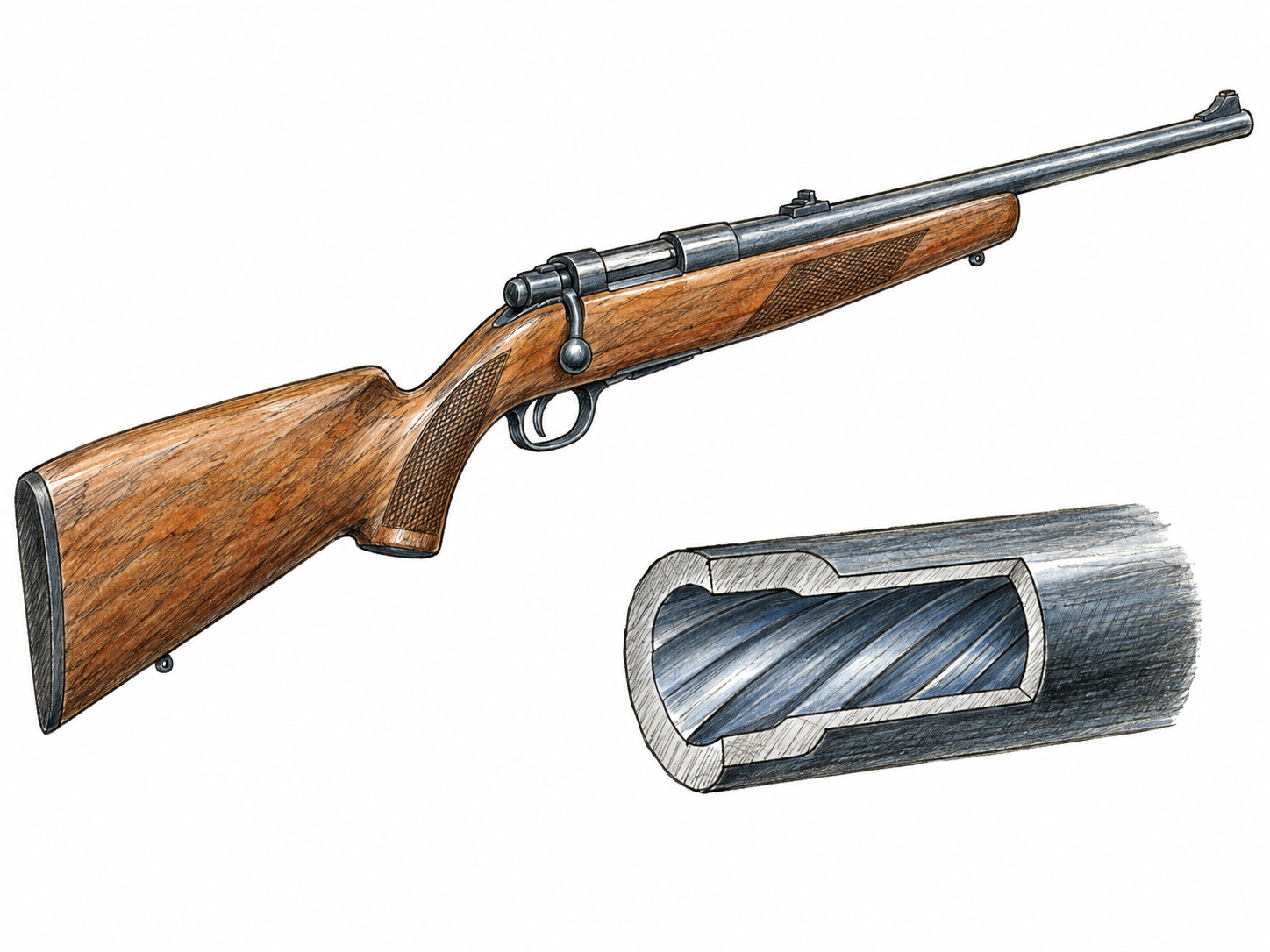 An isolated sporting rifle shown in three-quarter side view, with its shoulder stock clearly visible and a small adjacent magnified cutaway of the barrel revealing spiral grooves.