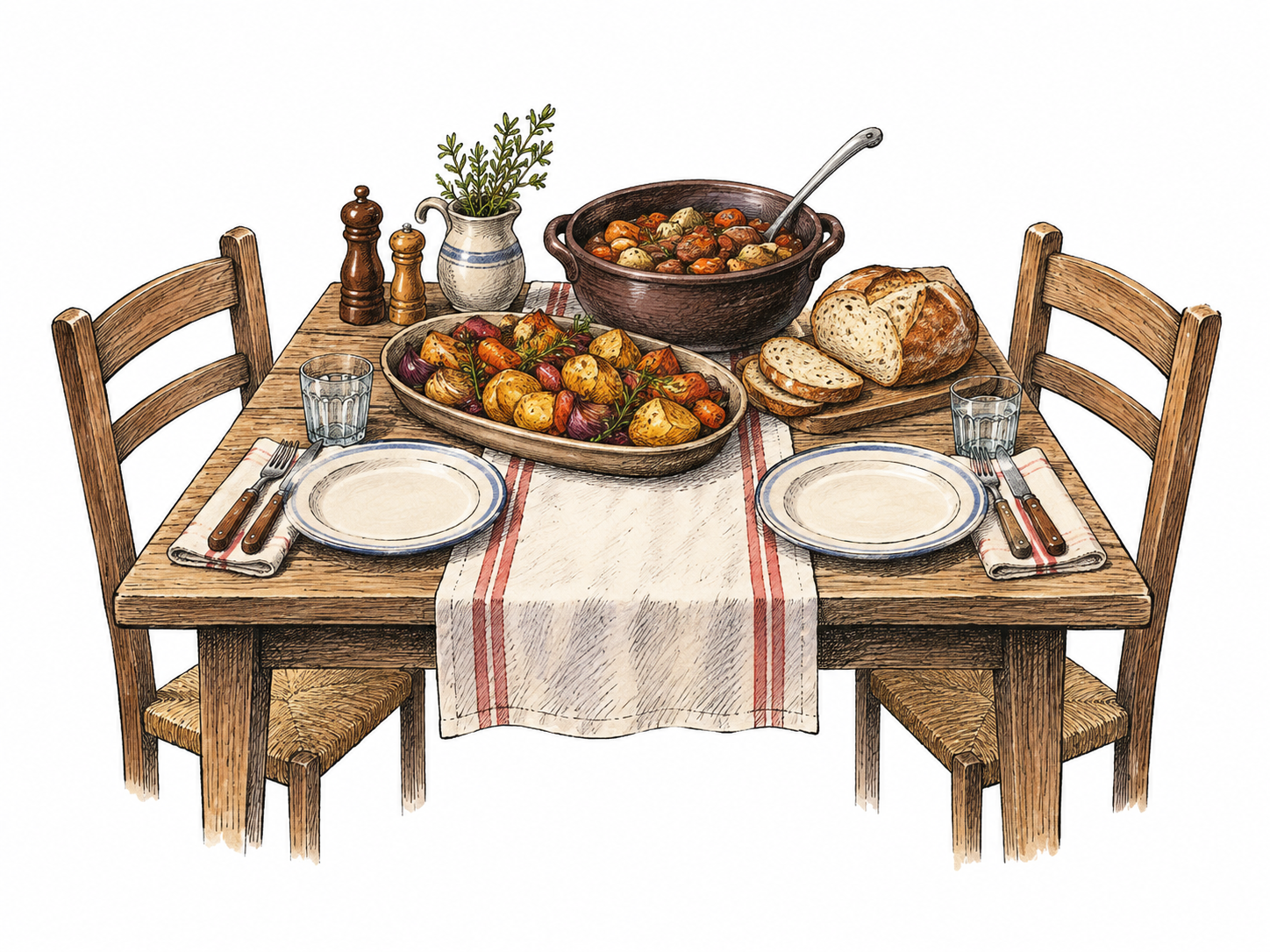 Substantial prepared meal on one small table: roast vegetables, bread, bowl of stew and two place settings, repast as meal clear, no diners or printed menus.