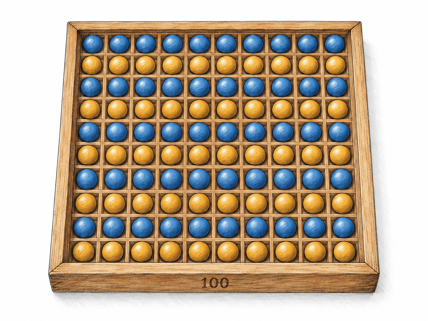 A single counting tray containing exactly one hundred beads in ten rows of ten, with the intrinsic quantity marking “100” on its front rim.