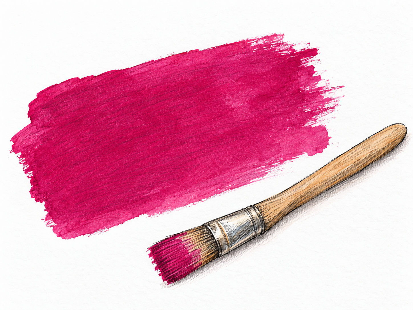 A broad swatch of vivid purplish-red paint with a plain paintbrush resting beside it, making fuchsia itself the unmistakable subject.