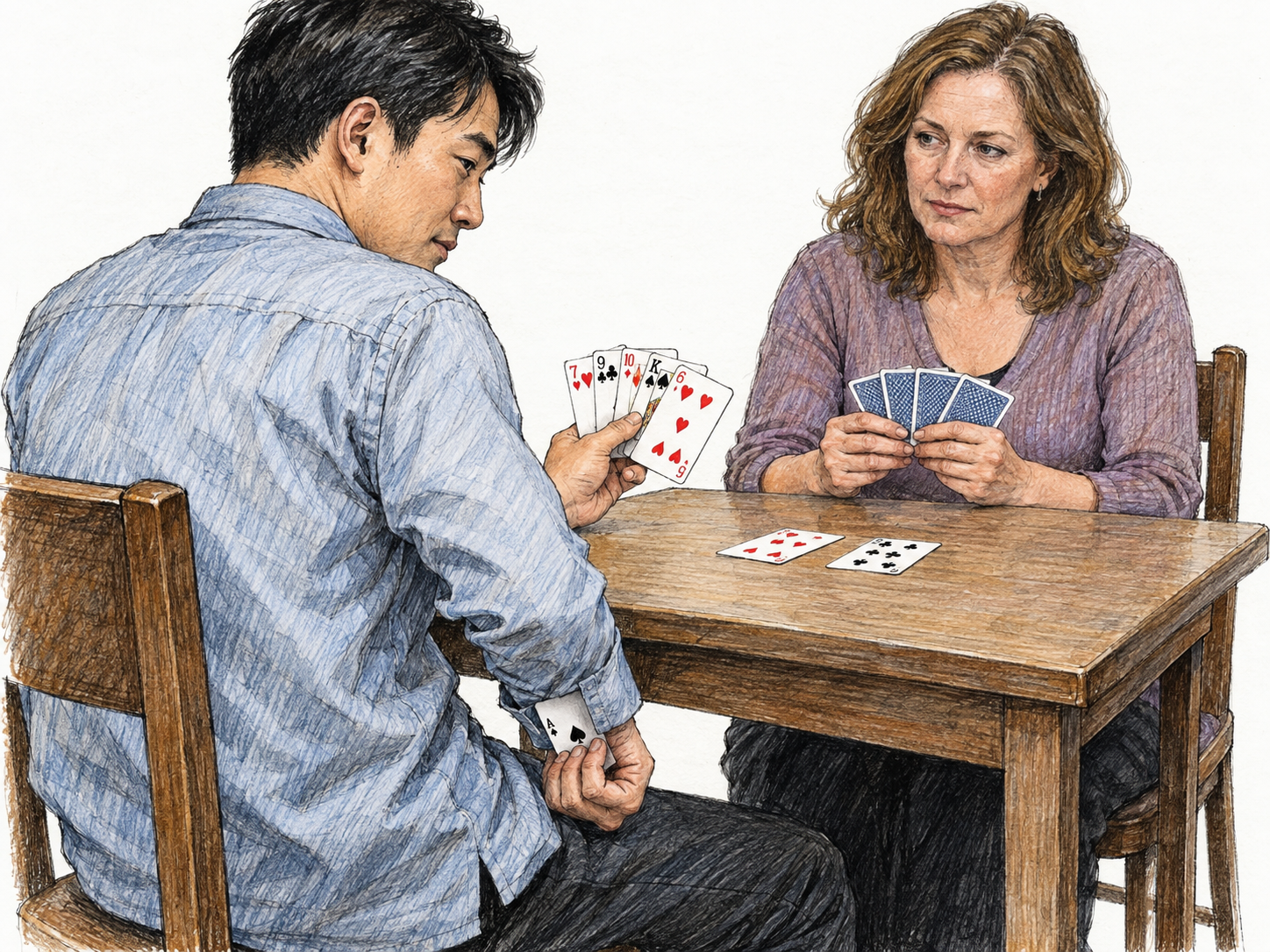 A male card cheat secretly draws an extra ace from his sleeve beneath the table while a seated opponent watches his ordinary playing hand above the table.