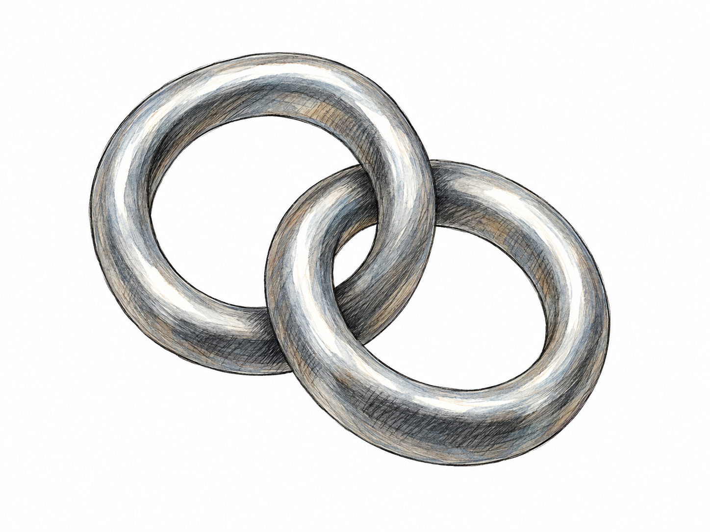 Two intact metal rings interlocked like adjacent chain links, showing a physical connection that cannot be separated without breaking a ring.