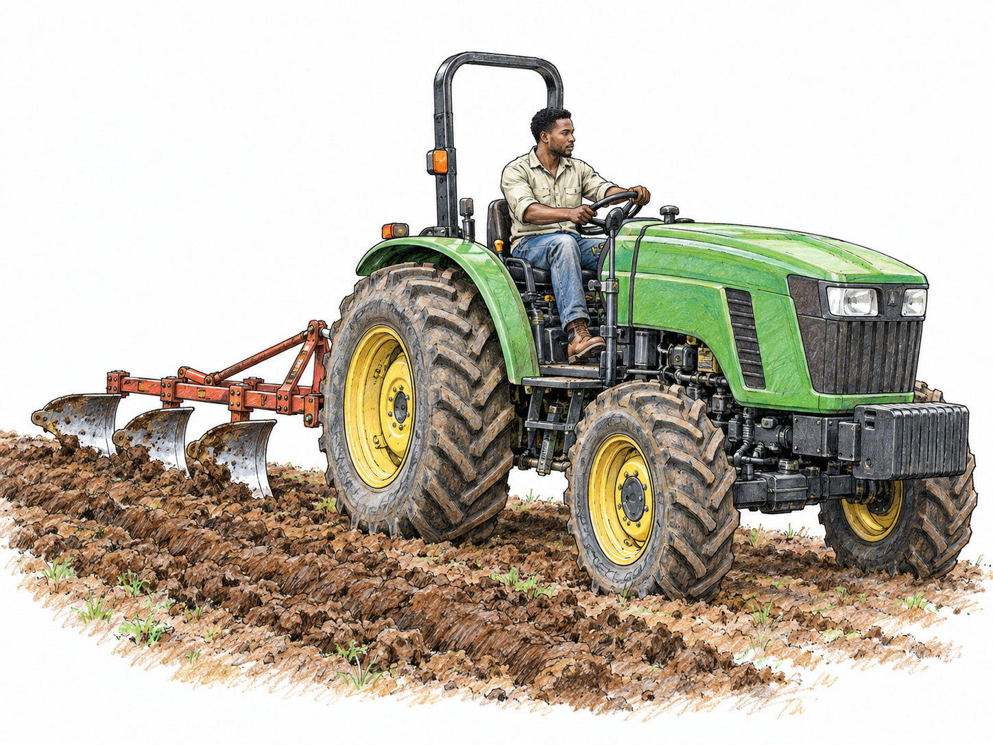 A recognizable farm tractor pulls a plow through a short strip of soil, with its large rear tires, smaller front tires, hitch, and newly turned furrows clearly visible.
