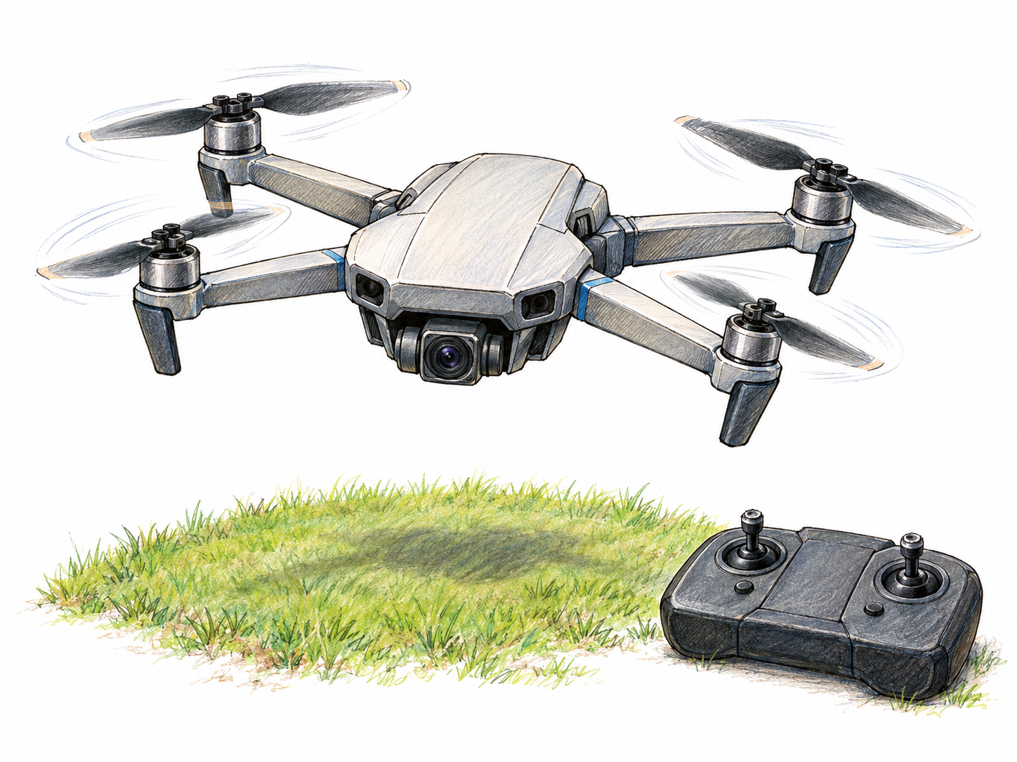 A compact four-rotor unmanned aircraft hovering above a small patch of grass, with a separate handheld remote controller resting below it.