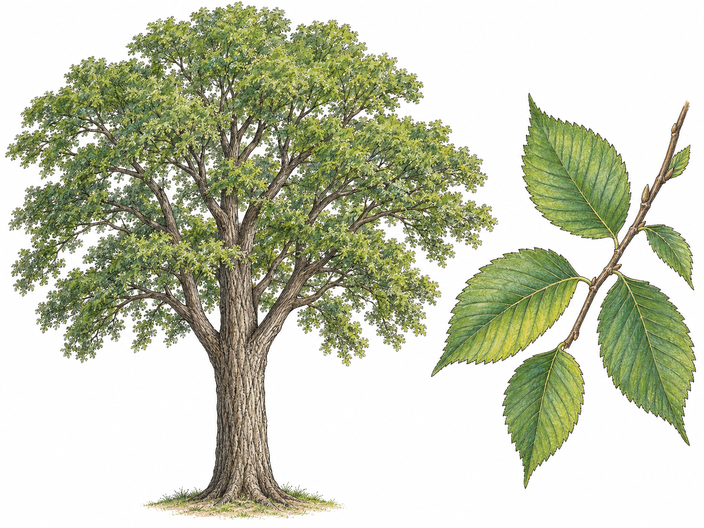 A mature elm with a tall, furrowed trunk and characteristic spreading, vase-shaped crown, accompanied by a close foreground twig whose broad, double-serrated leaves have visibly unequal bases.