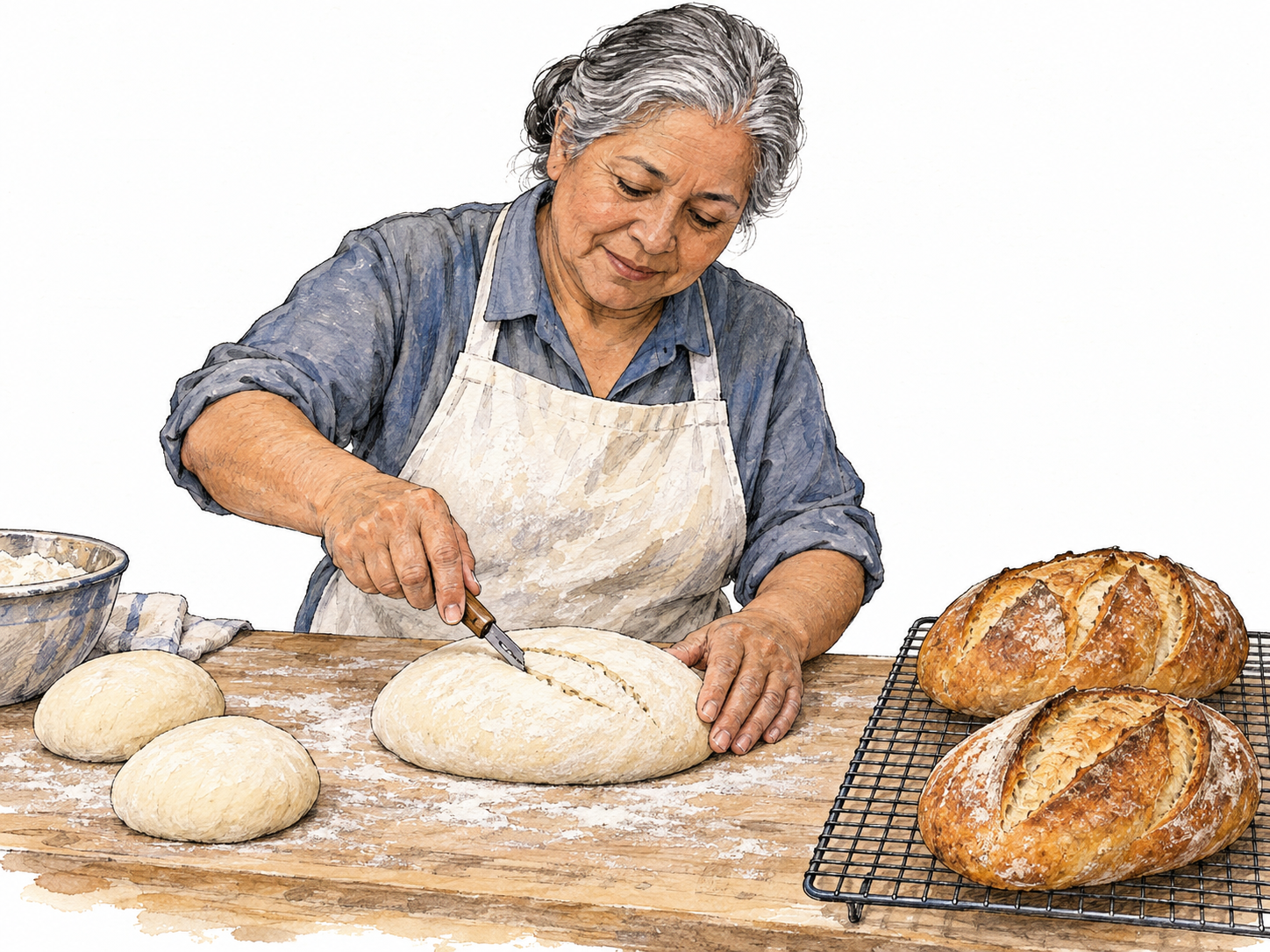An older woman baker scores a risen bread loaf on a flour-dusted bakery workbench, with shaped dough and freshly baked loaves nearby.