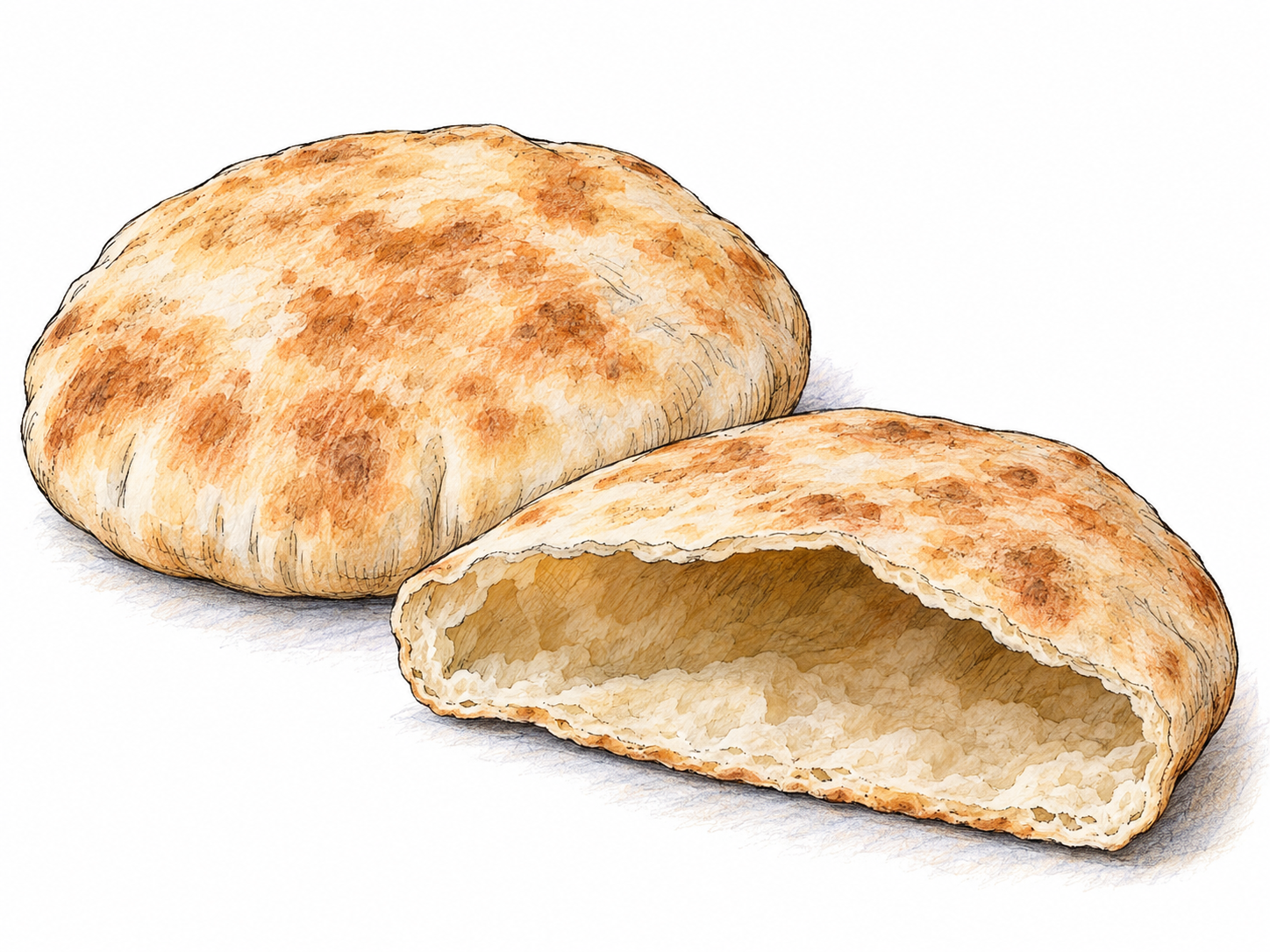 A whole round pita beside a cut half whose open edge clearly reveals the hollow interior pocket.