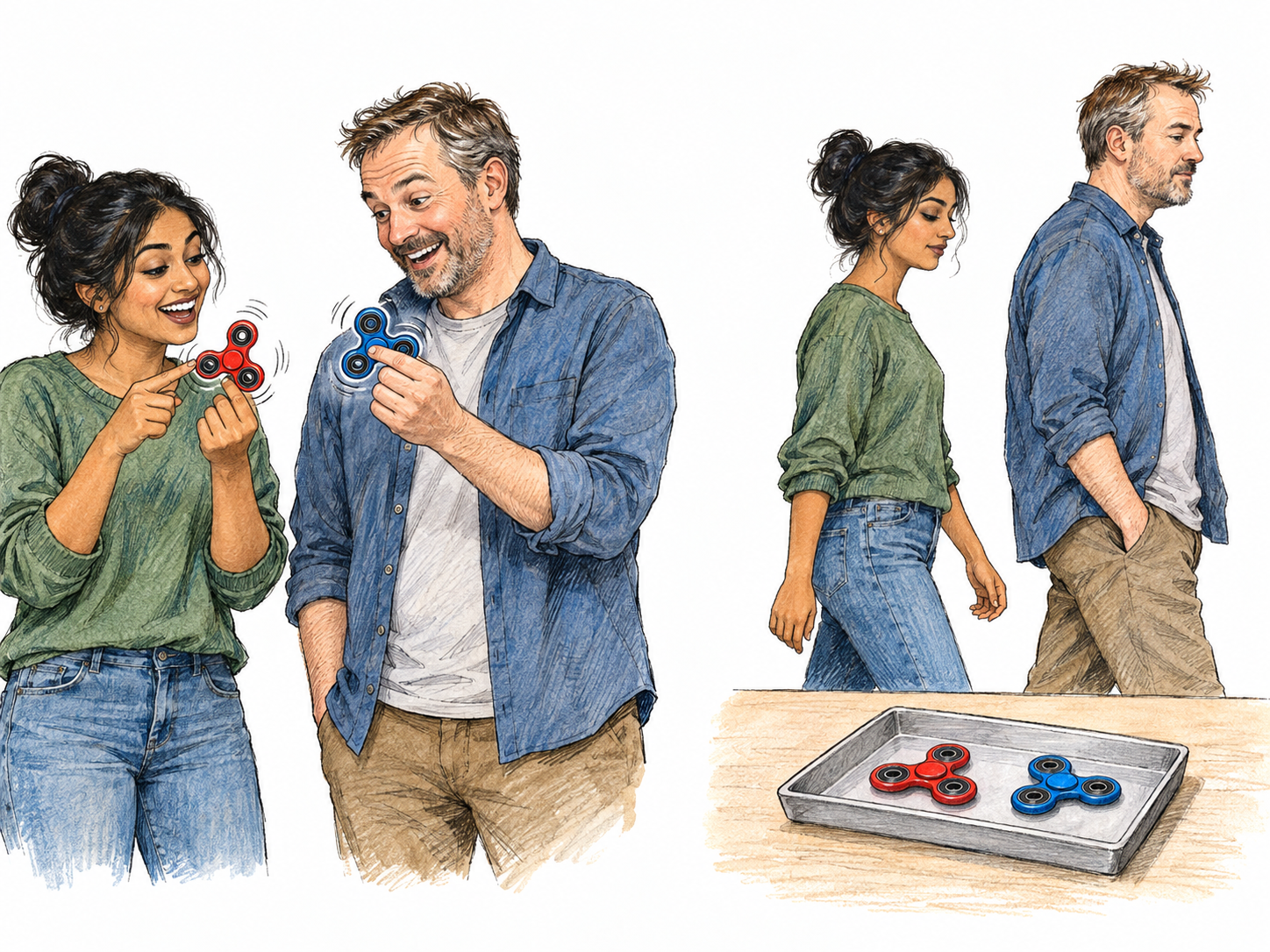 Two small, wordless vignettes show a passing craze: a young woman and a middle-aged man eagerly play with matching fidget spinners; later, the same spinners sit neglected in a shallow tray while the same people walk past without interest.