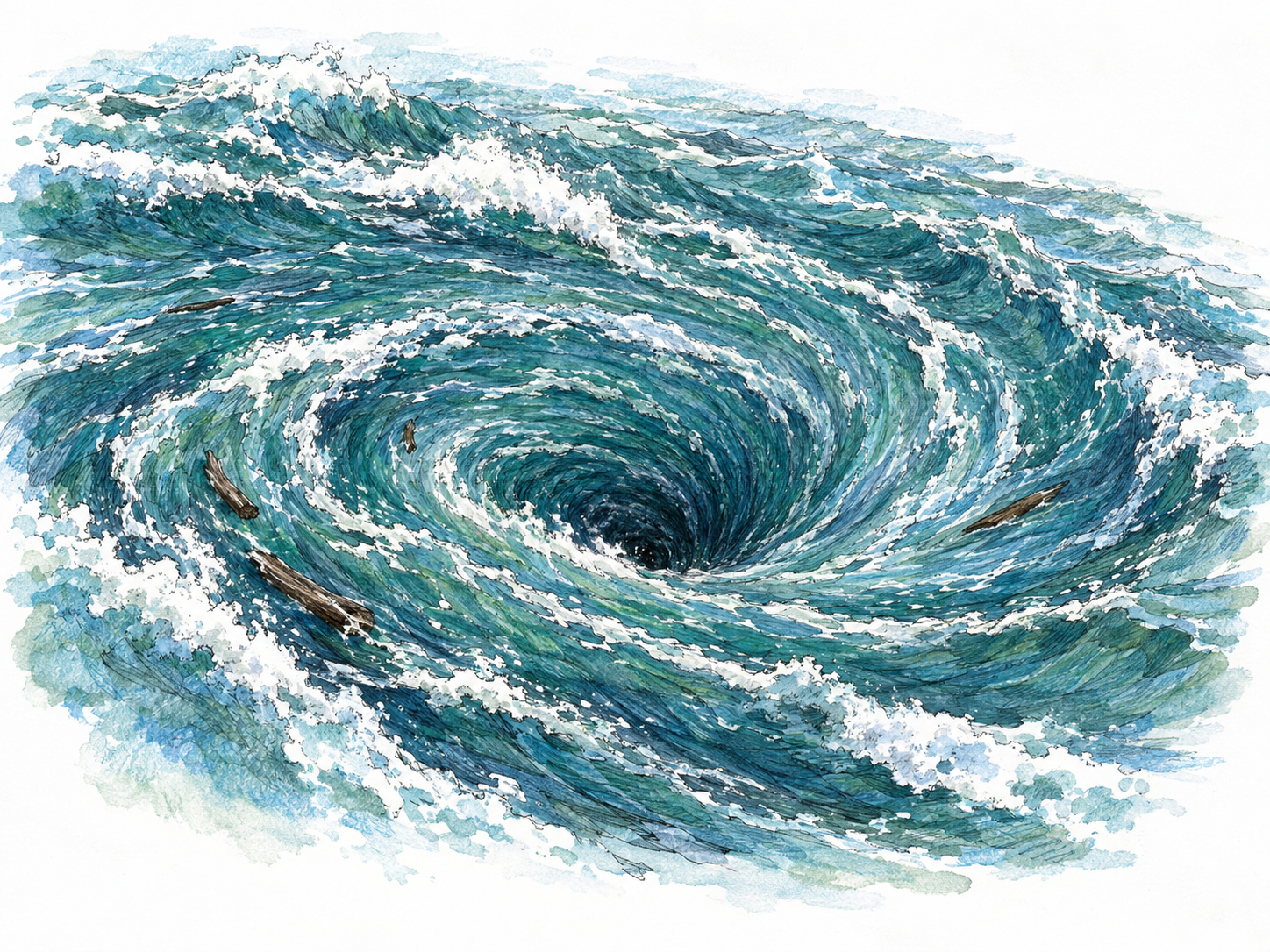 An immense, violently churning sea whirlpool, viewed obliquely from above, with spiraling foam bands descending into a deep central depression.