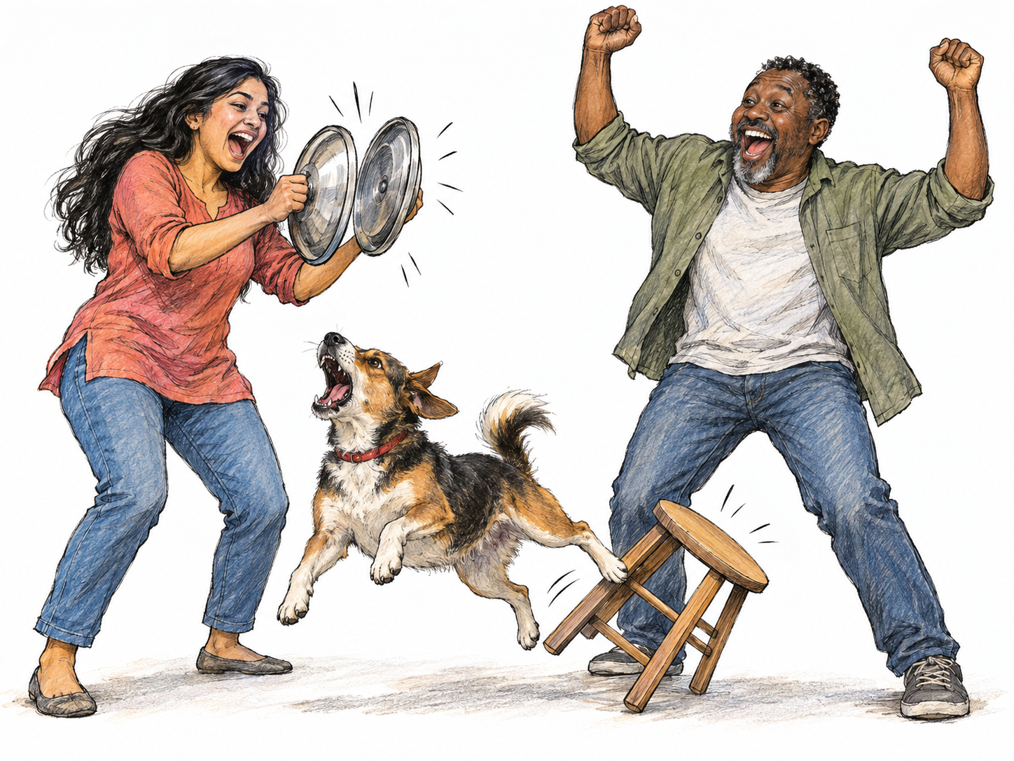 A lively household rumpus: two adults noisily clash pot lids and cheer while a dog bounds between them, knocking over a lightweight stool.