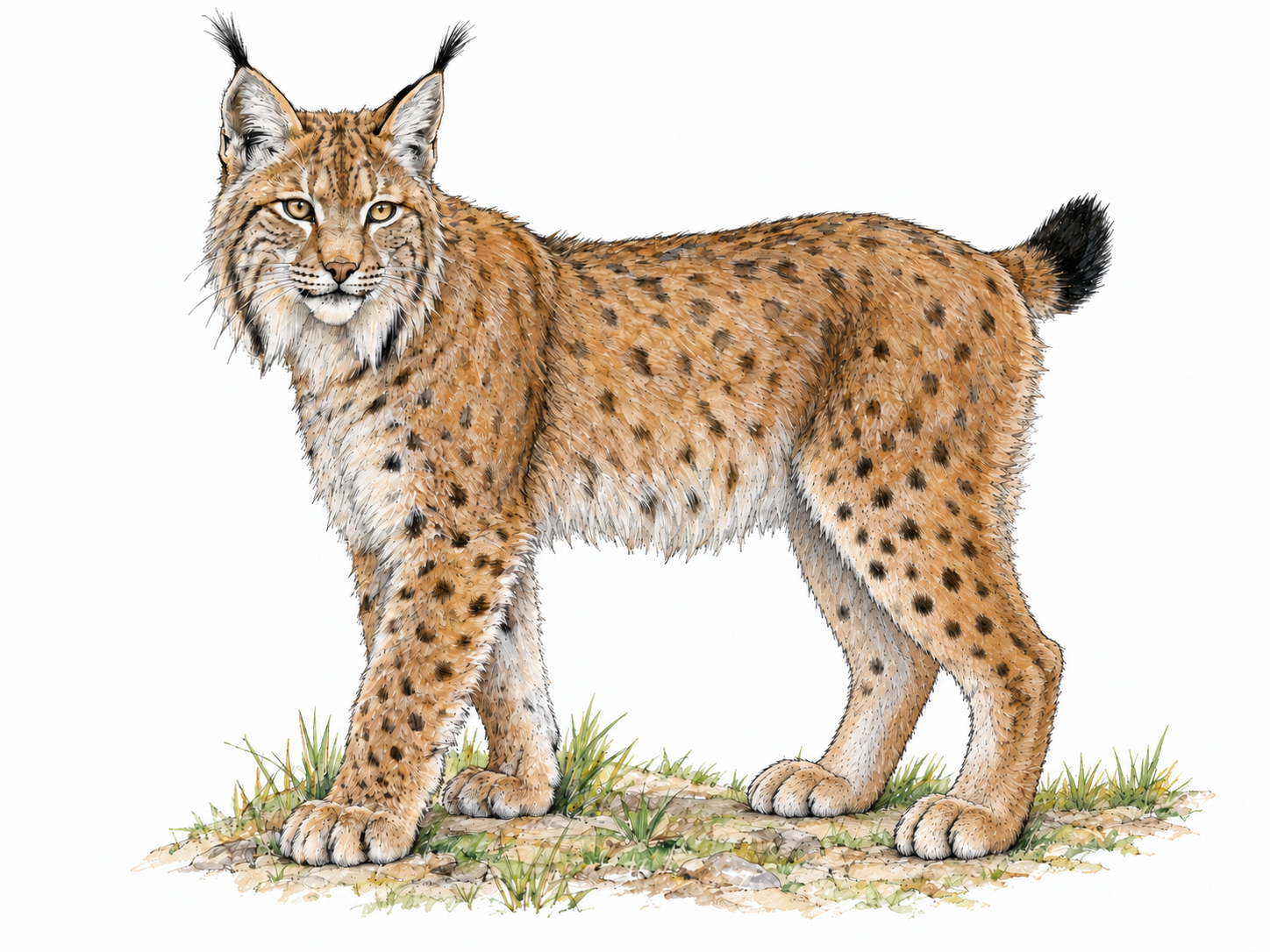 A single adult Eurasian lynx standing in three-quarter side view, with both tufted ears and its short black-tipped tail clearly visible.