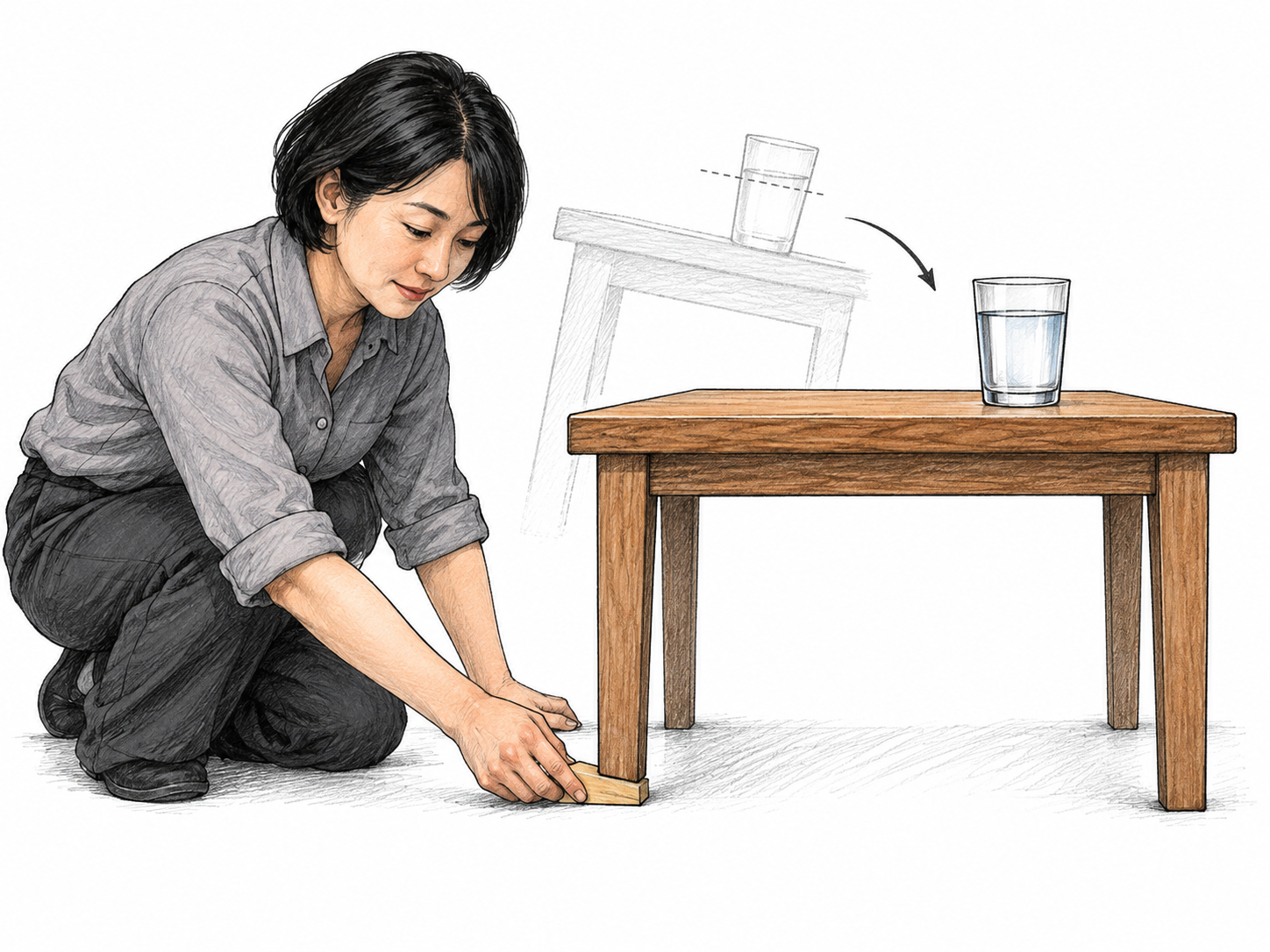 Woman inserts wedge beneath short table leg until tabletop and glass become level, small before-tilt ghost line contrasts stable result; clear making steady action, no words or room.