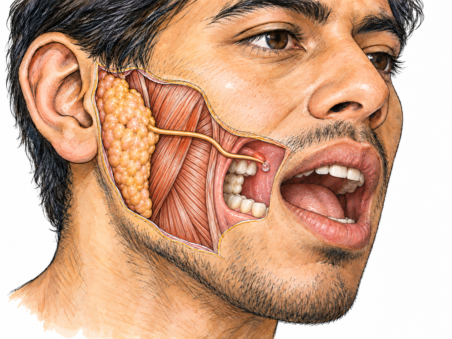 A close anatomical cutaway of the lower face shows a salivary gland and its continuous duct opening into the mouth, with a small bead of clear saliva at the outlet.