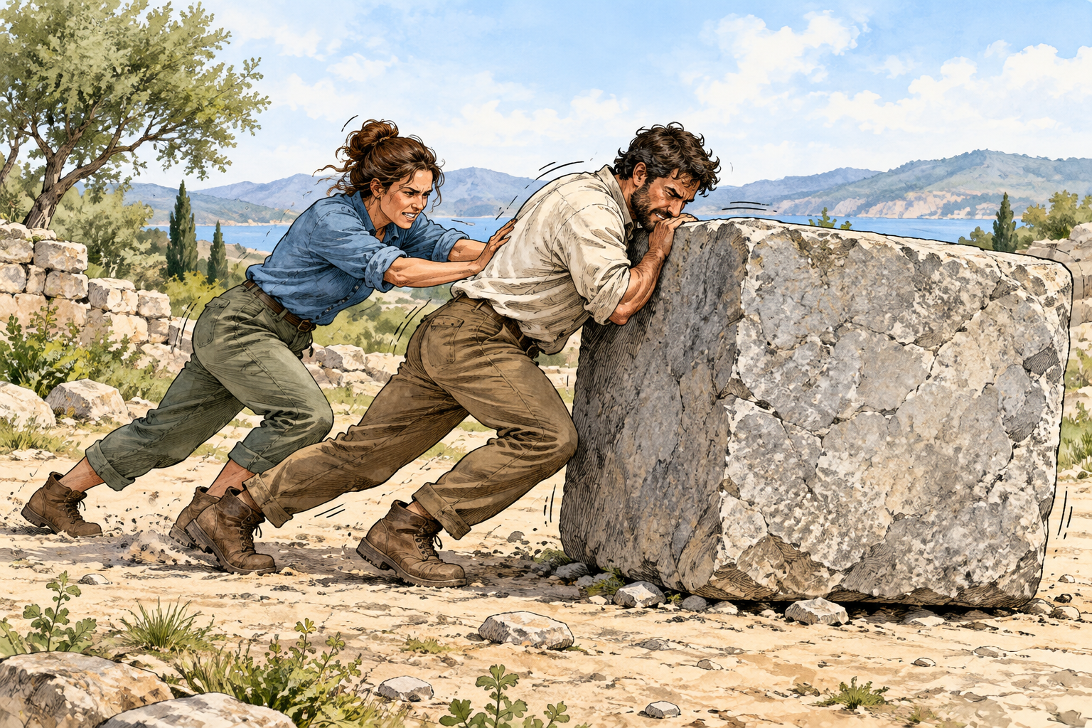 Two adults push heavy stone block across ground using shoulder and hand force, clear effort and short motion lines.
