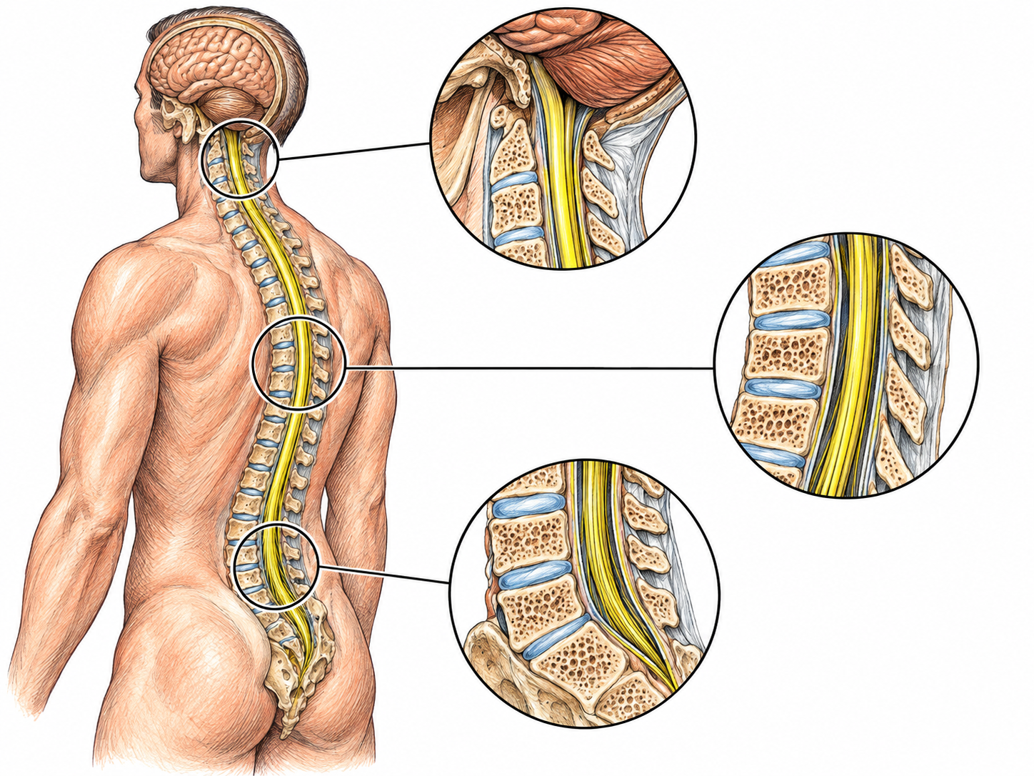 A clean rear three-quarter anatomical torso inset shows the vertebral column with the protected spinal cord inside the canal; structural relation, no injury, surgery, labels or diagnosis.