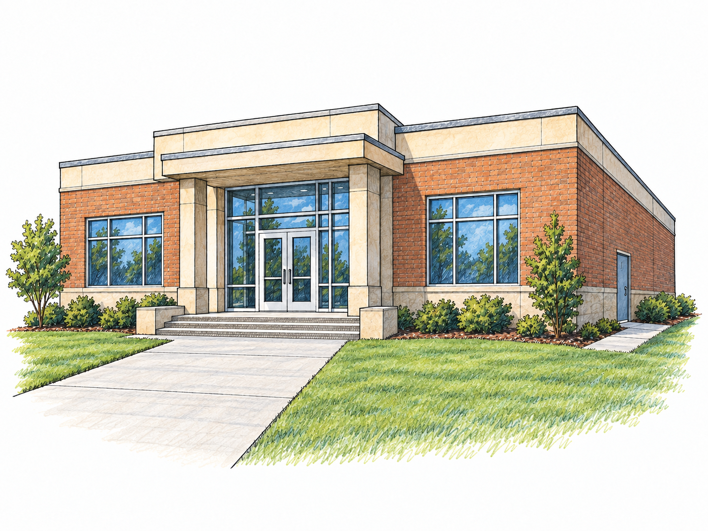 A building’s unmistakable main entrance: broad central double doors beneath a projecting portico, approached by wide steps and a broad walkway, contrasted with a small, plain side entrance.