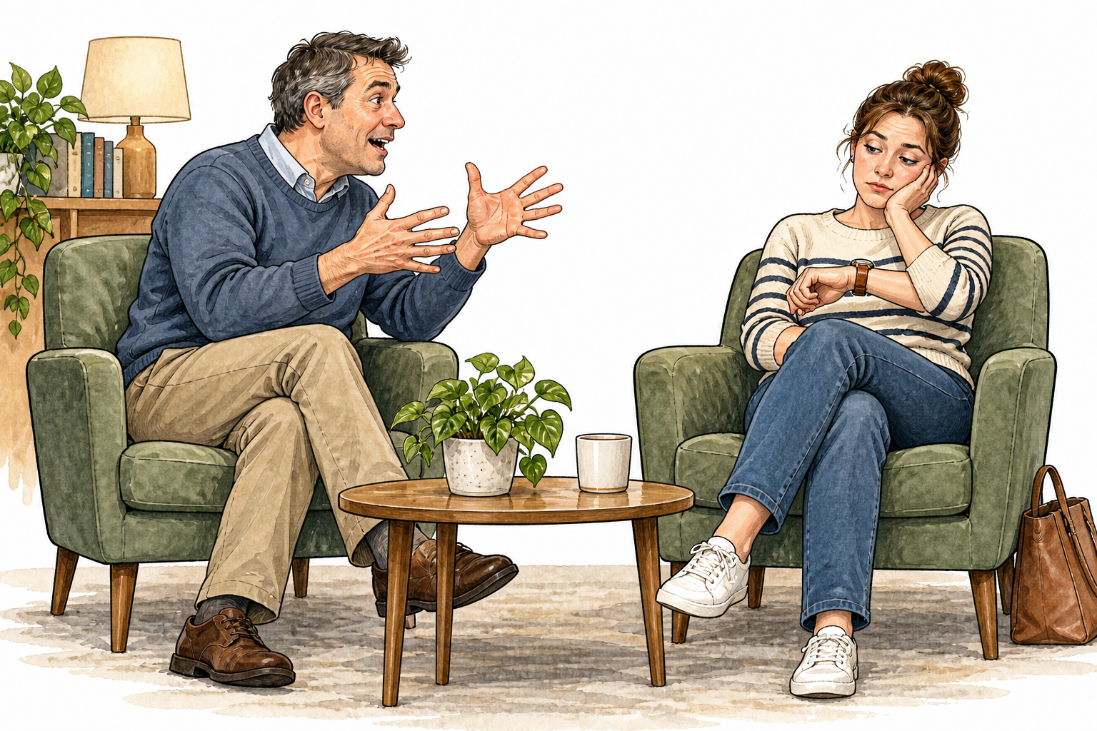 An adult talking at length with animated gestures while a listener looks bored and glances at a wristwatch, ordinary setting with no text.