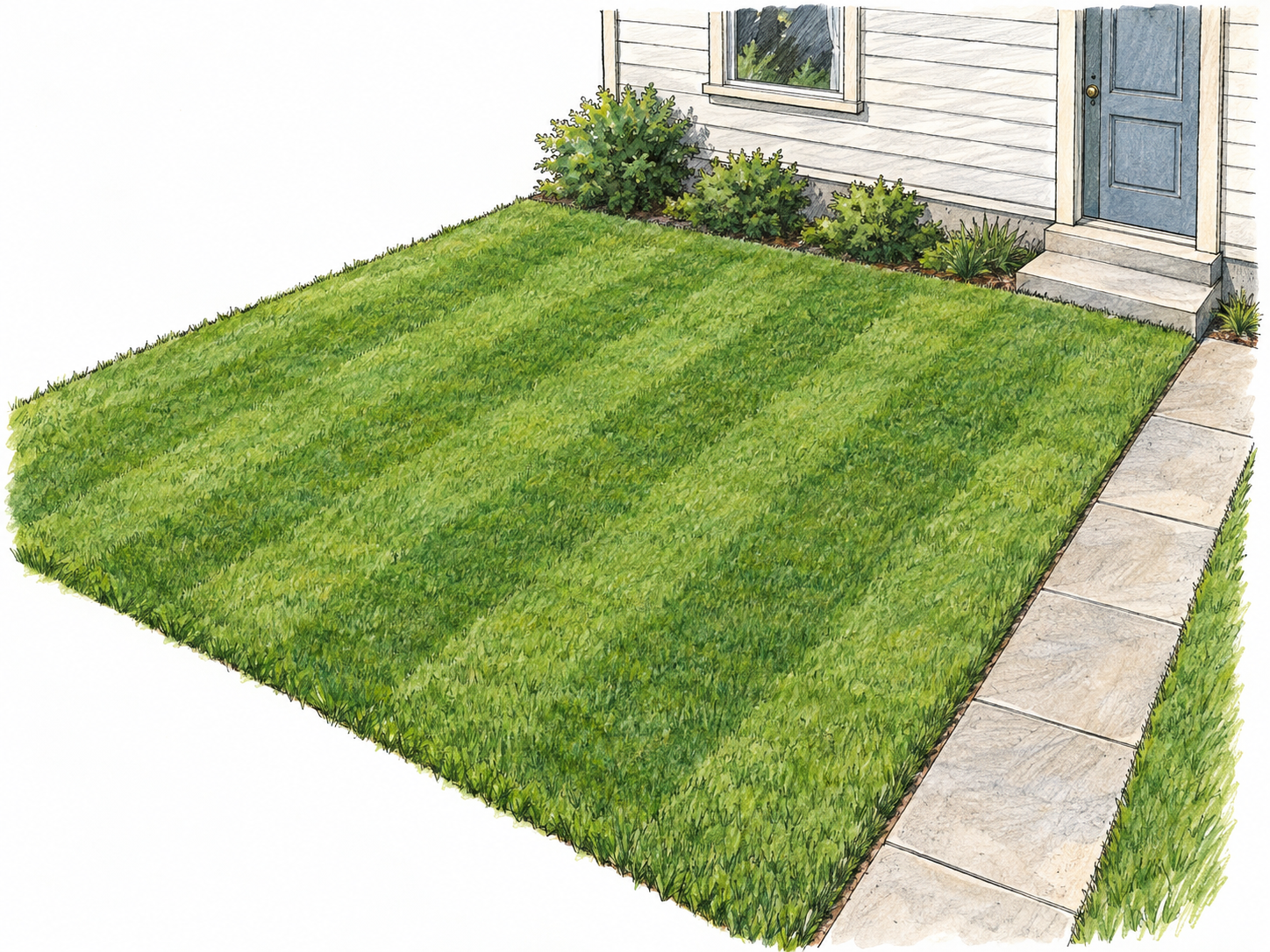 A neatly edged patch of short, evenly mown green grass directly beside a modest house, with subtle mowing stripes making its maintained character clear.