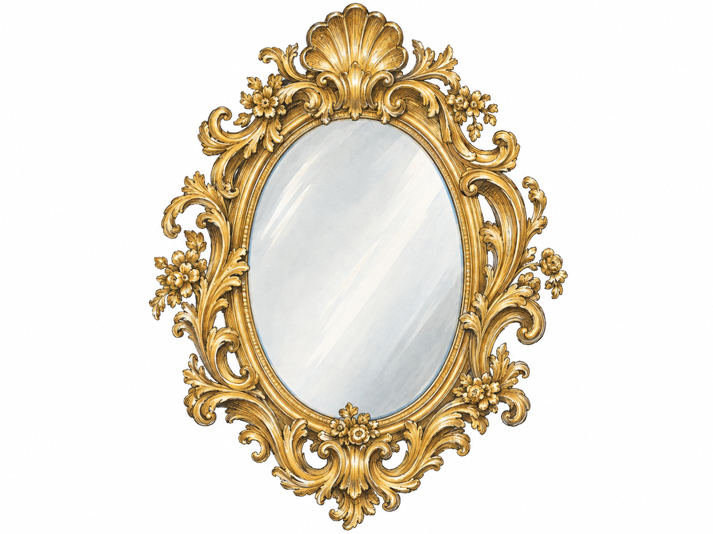 An extravagantly ornate gilded mirror frame, with curling foliage, asymmetric scrolls, and shell-shaped flourishes surrounding a simple oval mirror.