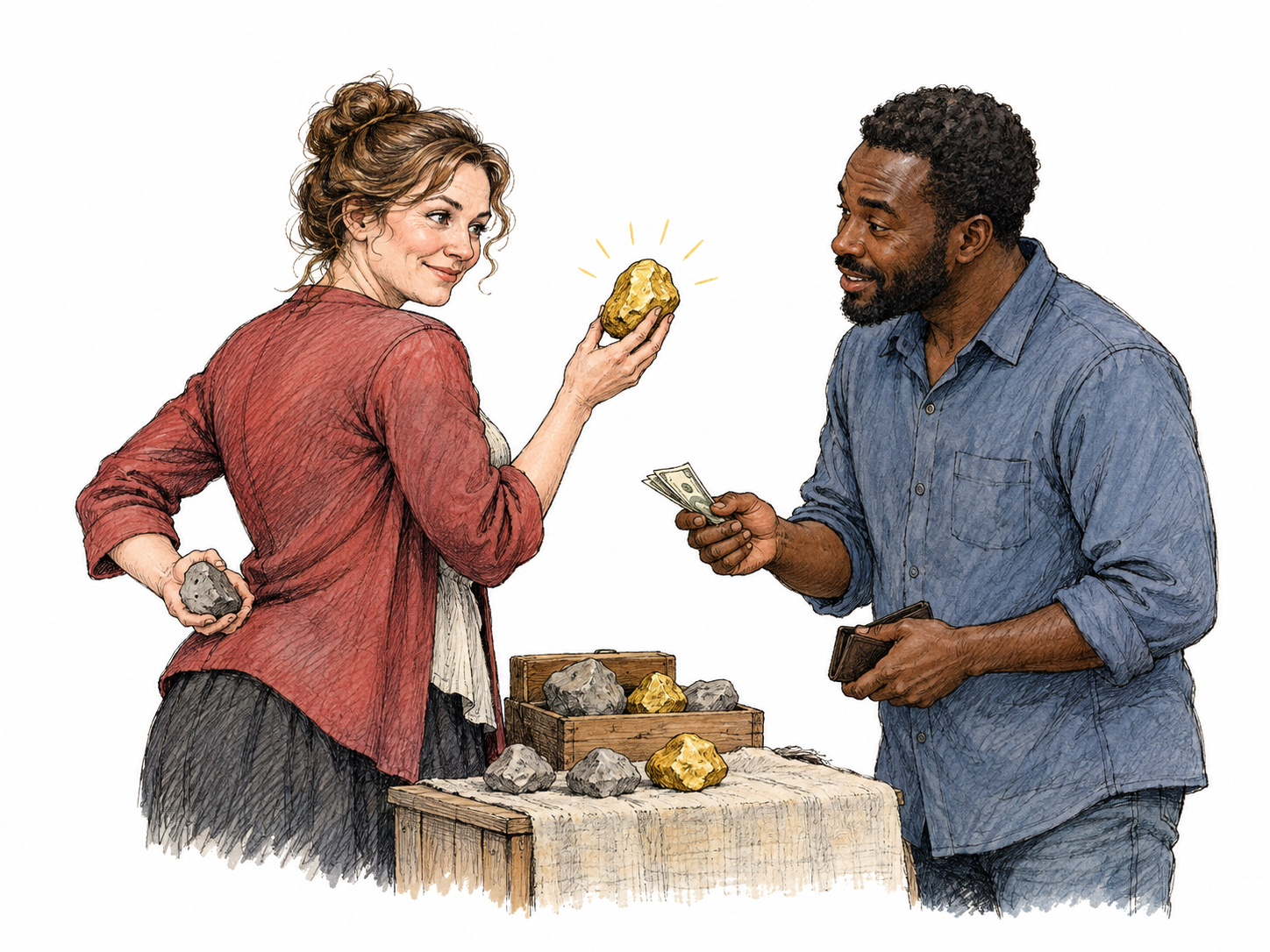 Seller presents a shiny gold-painted ordinary stone as precious gem while hidden chipped underside reveals plain gray rock, customer offers money unknowingly; intentional deception clear, no brands or writing.