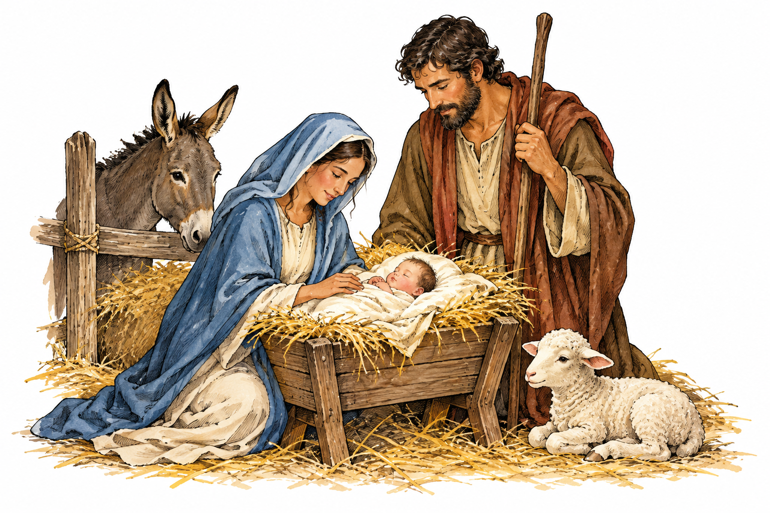 A respectful traditional Nativity scene with Mary, Joseph and the infant Jesus in a manger, natural proportions and gentle ink.