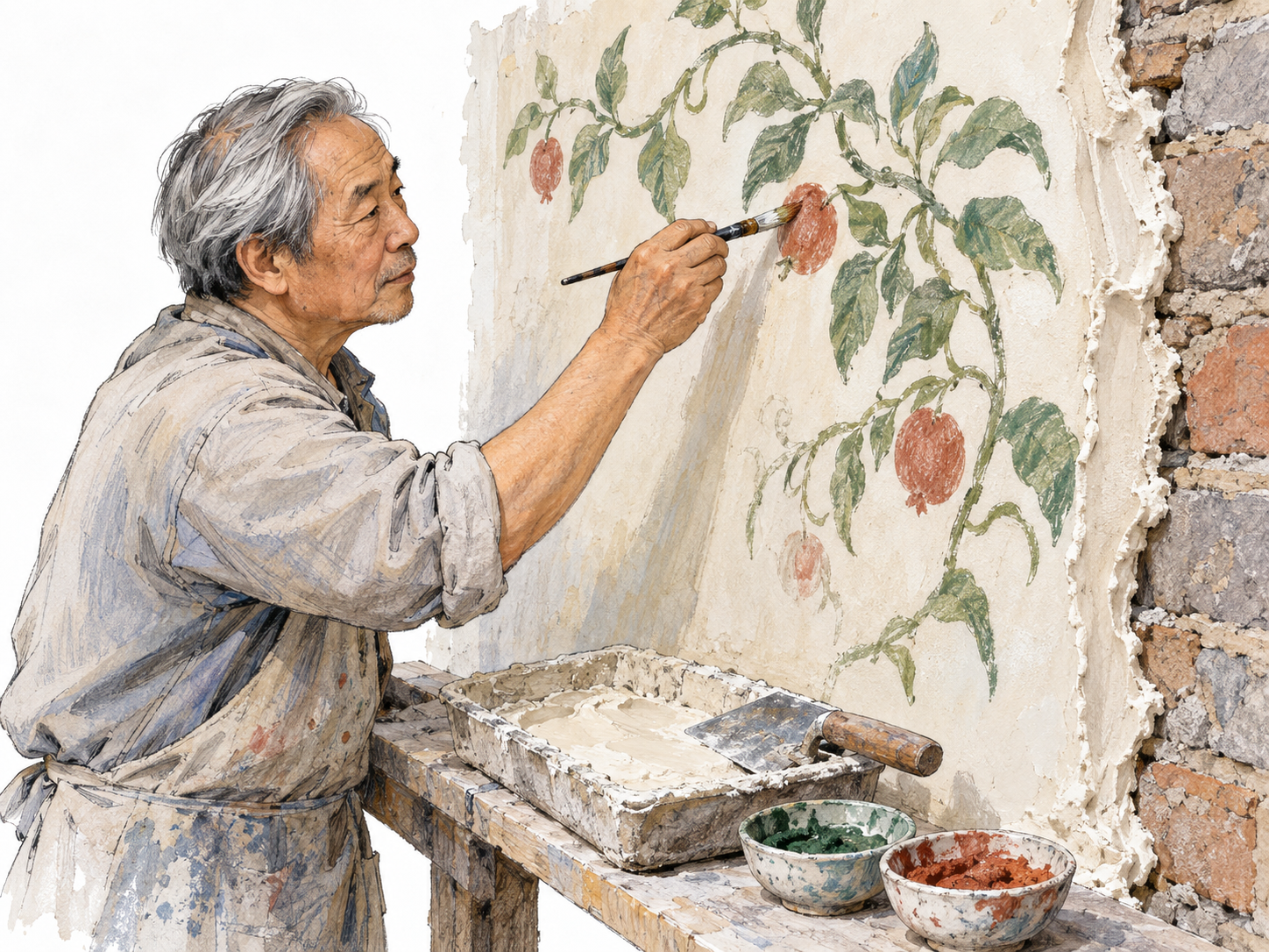 A contemporary fresco artist paints directly onto a freshly plastered wall patch.