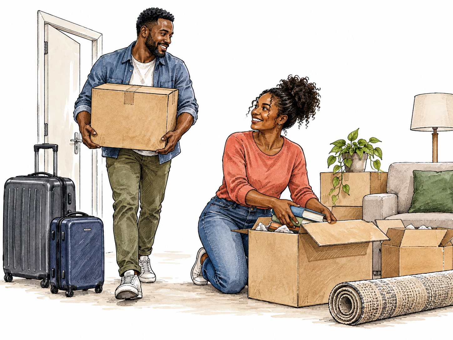 Two adults arriving from abroad carry household boxes from travel luggage into their new home, permanent move clear through furnishings being unpacked, passports blank, no national stereotypes.
